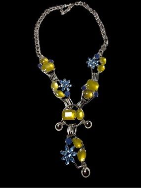 Source Unknown Yellow and Blue Floral Statement Necklace